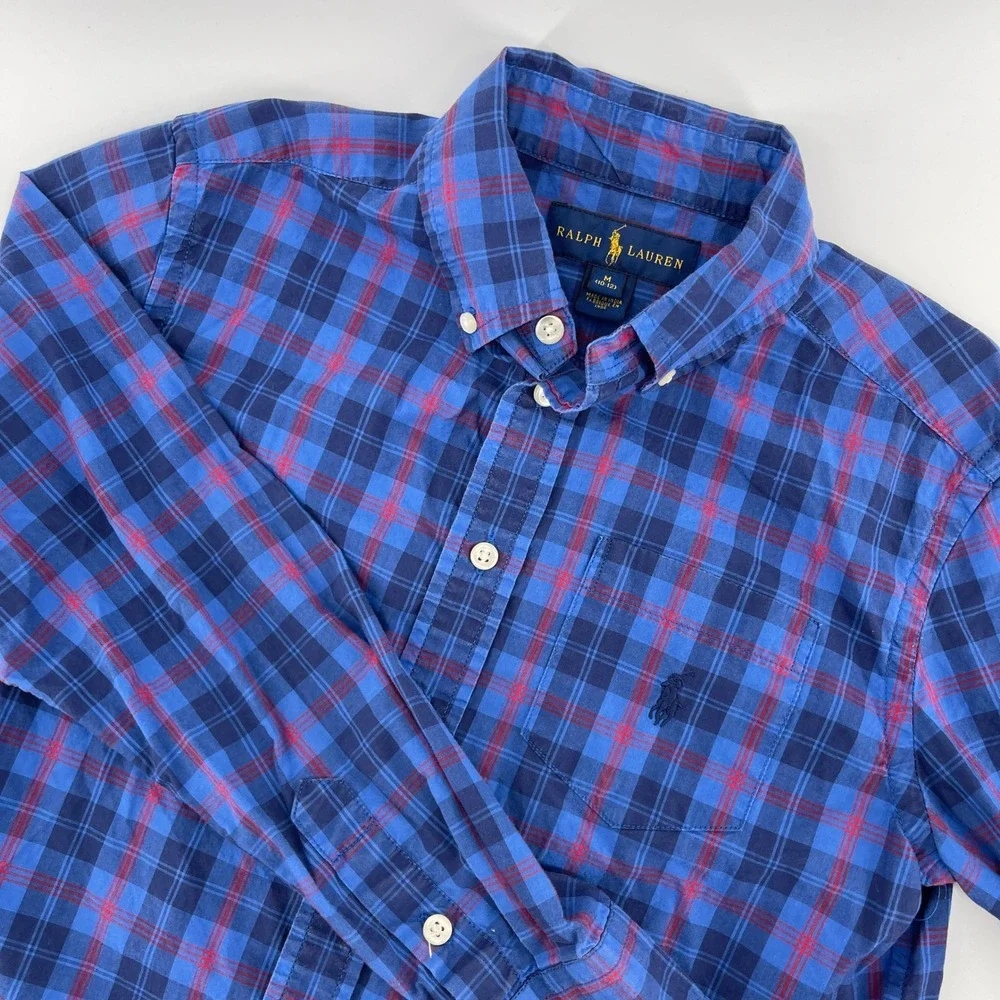 Ralph Lauren Plaid Button Down Shirt Long Sleeve Cotton Blue Red Kids M